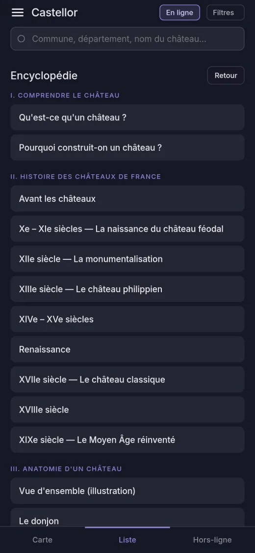 Capture de l'application : le sommaire de l'encyclopédie, avec les parties Comprendre le château, Histoire des châteaux de France et Anatomie d'un château.