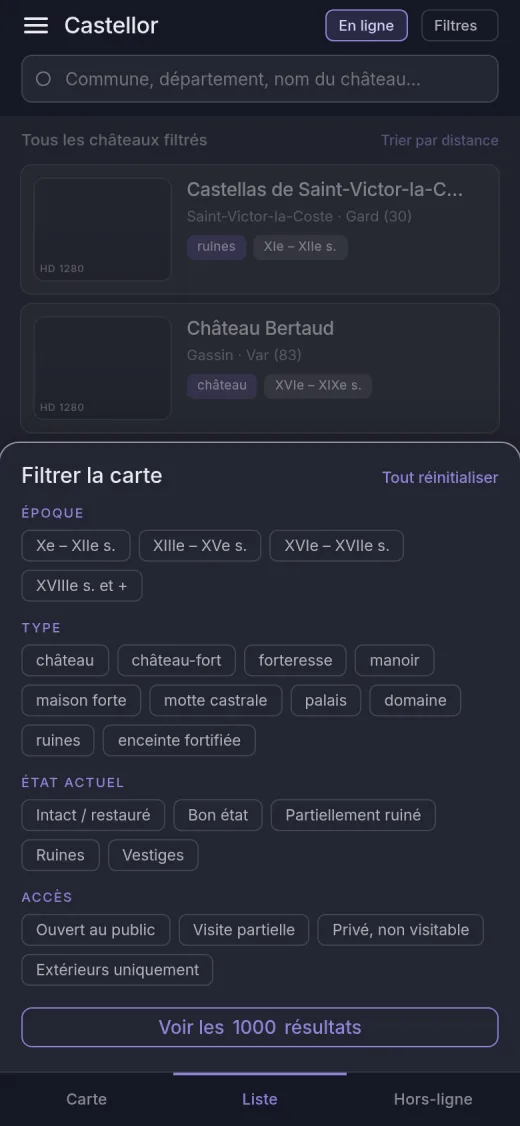 Capture de l'application : la feuille de filtres par époque, type, état actuel et accès.